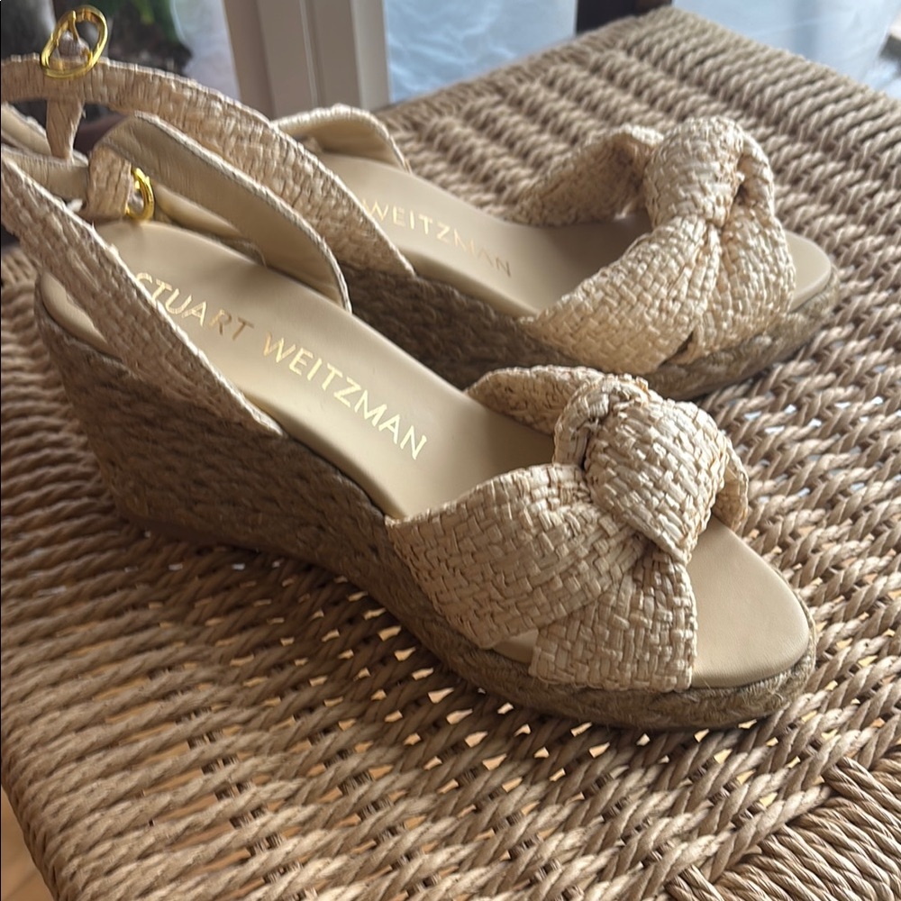Stuart Weitzman Tan Woven Wedges with Bow